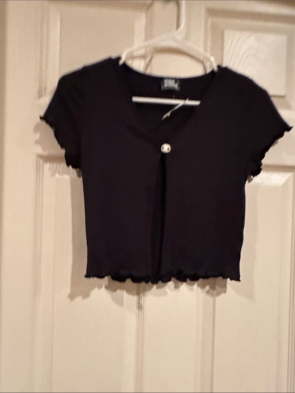 Classic Black Ribbed Crop Top with Single Button - Women's